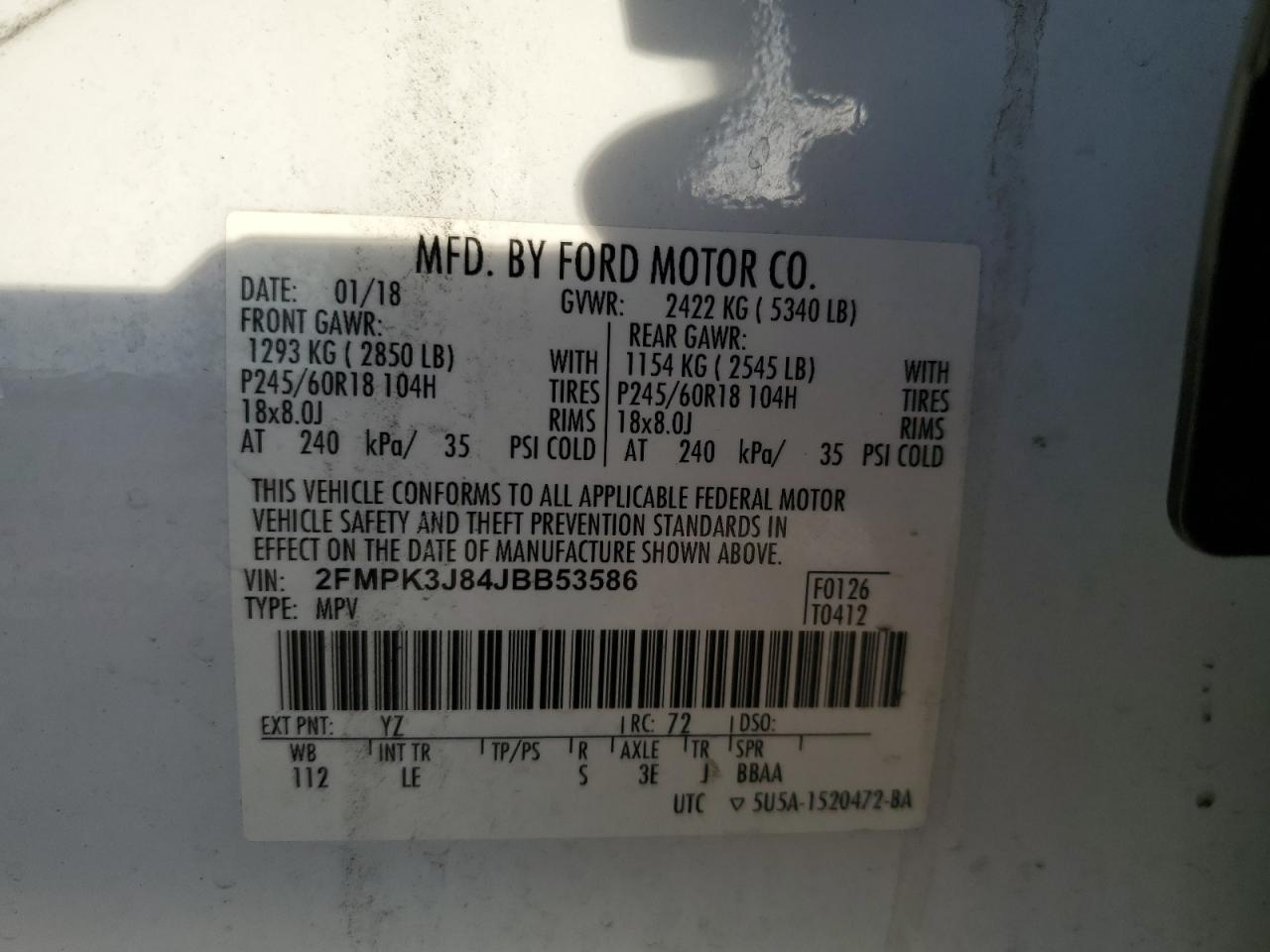 2018 Ford Edge VIN 2FMPK3J84JBB53586 Copart auction photo, side / front end damage thumbnail 13