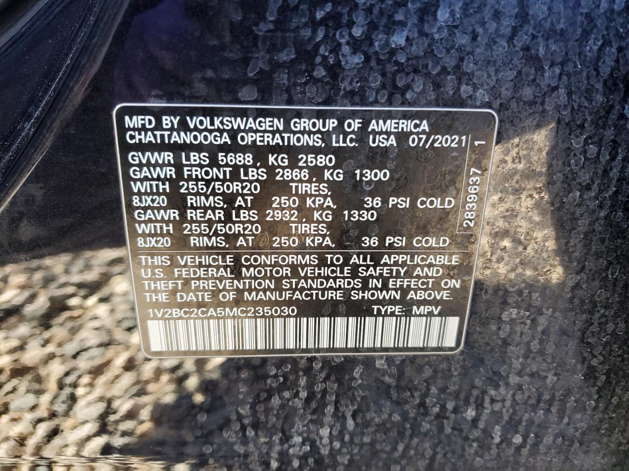 2021 Volkswagen Atlas VIN 1V2BC2CA5MC235030 Copart auction photo, front end / side damage thumbnail 15
