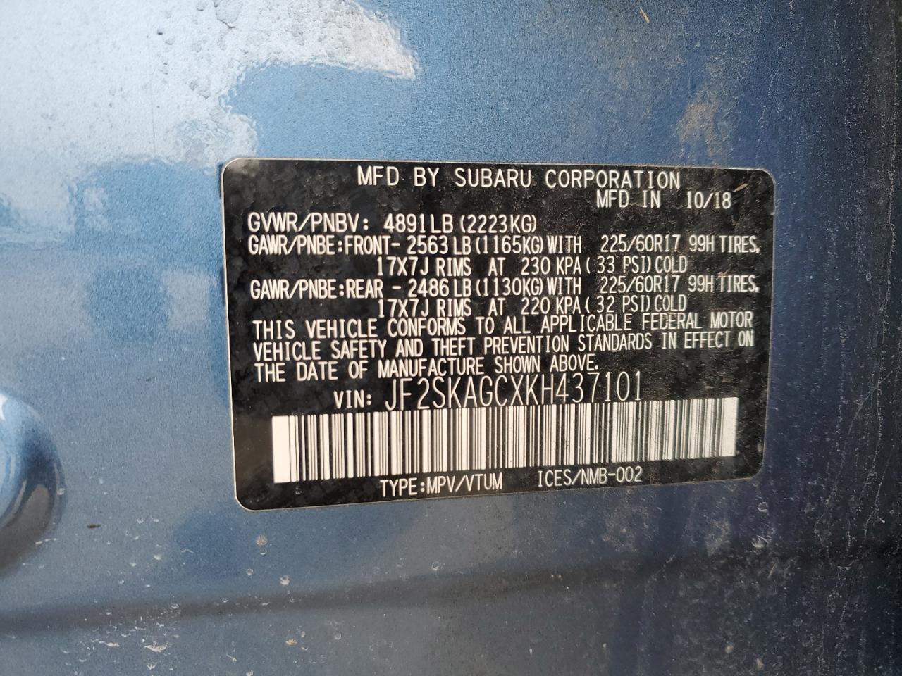 2019 Subaru Forester VIN JF2SKAGCXKH437101 Copart auction photo, front end / side damage thumbnail 13