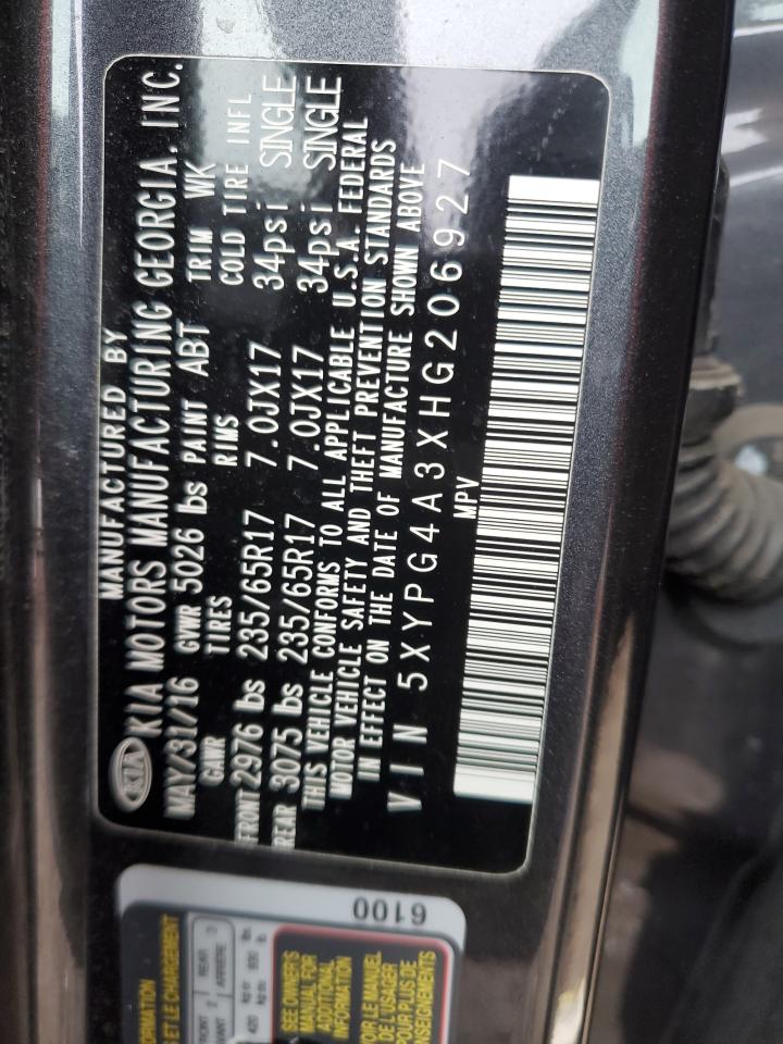 2017 KIA Sorento VIN 5XYPG4A3XHG206927 Copart auction photo, front end damage thumbnail 13