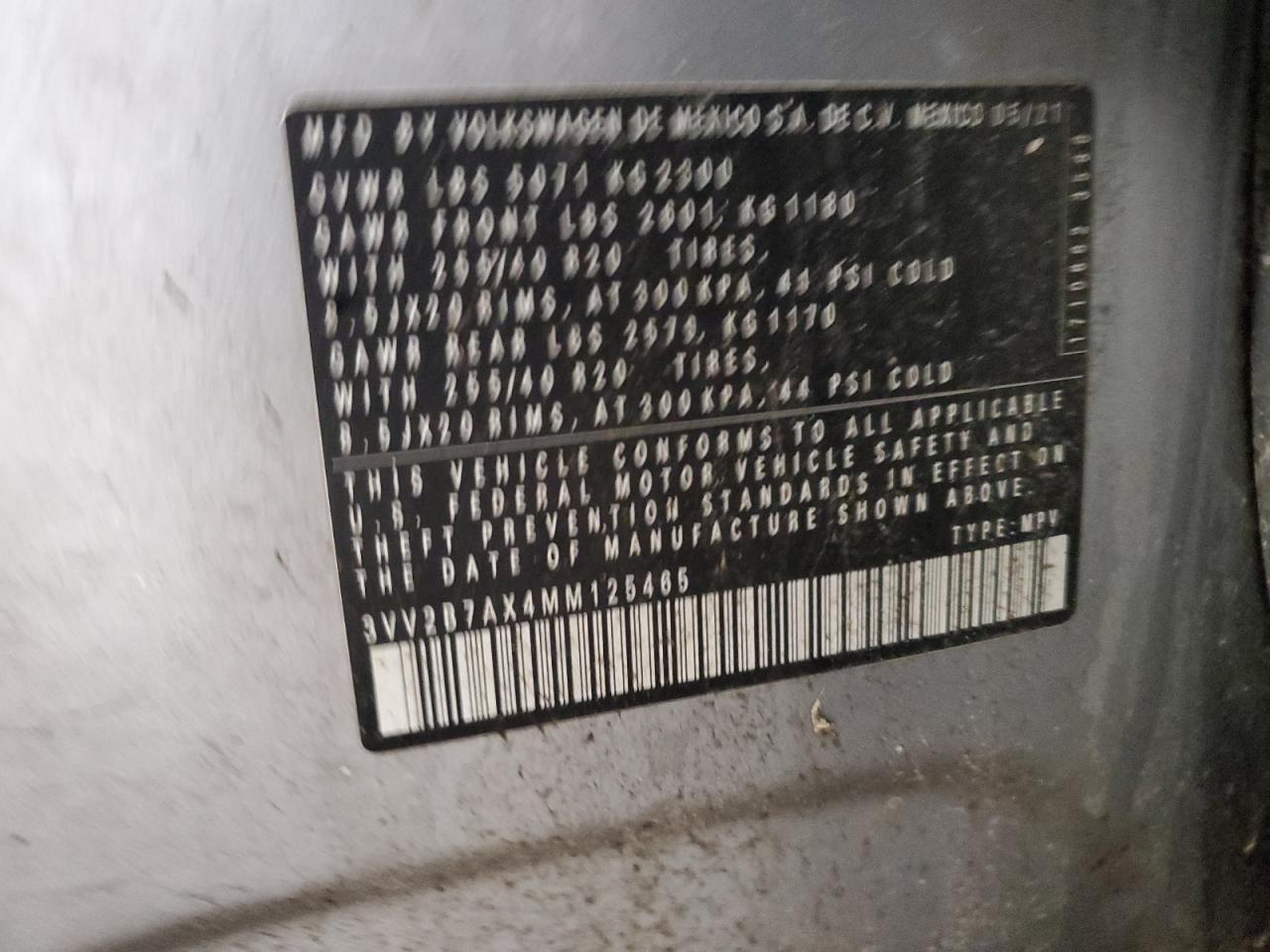 2021 Volkswagen Tiguan VIN 3VV2B7AX4MM125465 Copart auction photo, front end / all over damage thumbnail 14