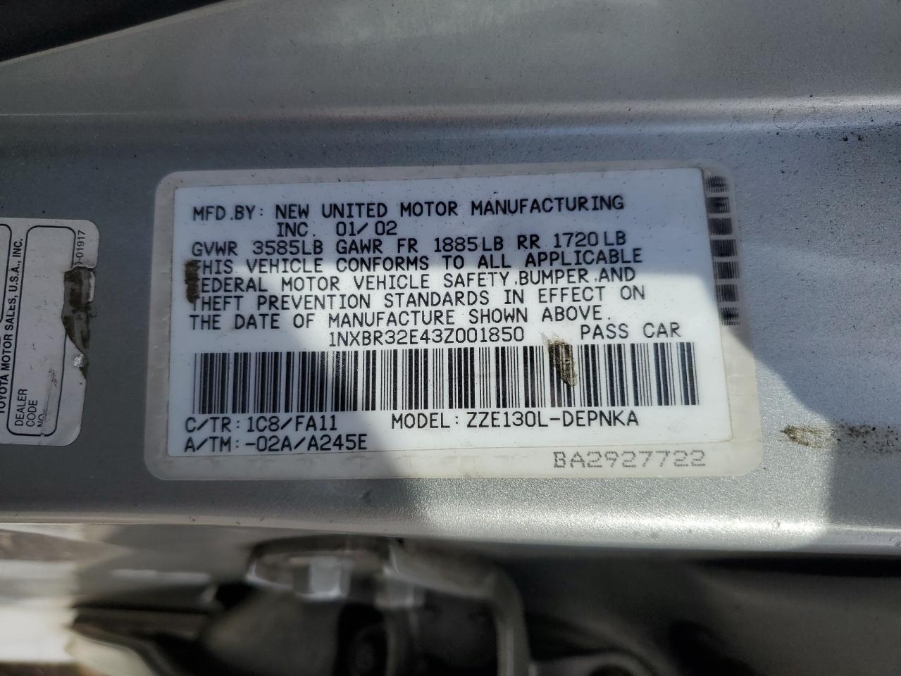 2003 Toyota Corolla VIN 1NXBR32E43Z001850 Copart auction photo, rear end / side damage thumbnail 13
