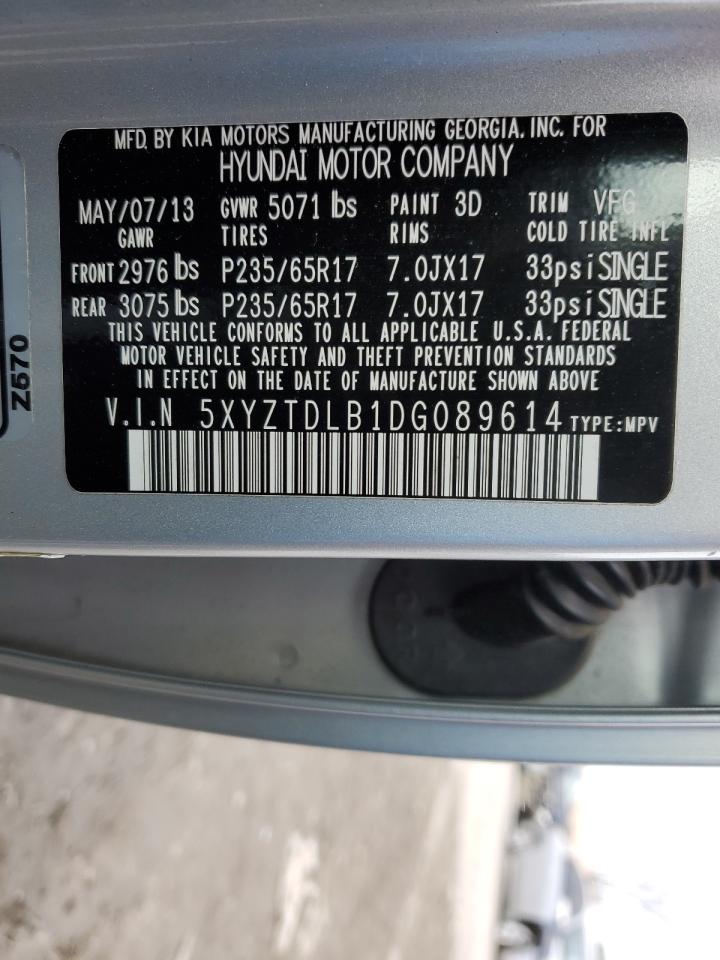 2013 Hyundai Santa Fe VIN 5XYZTDLB1DG089614 Copart auction photo, front end / side damage thumbnail 13