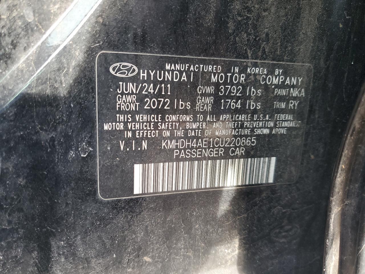 2012 Hyundai Elantra VIN KMHDH4AE1CU220865 Copart auction photo, front end / minor dent/scratches damage thumbnail 12
