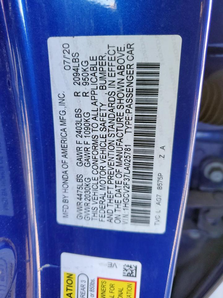 2020 Honda Accord VIN 1HGCV2F37LA025781 Copart auction photo, front end / minor dent/scratches damage thumbnail 12