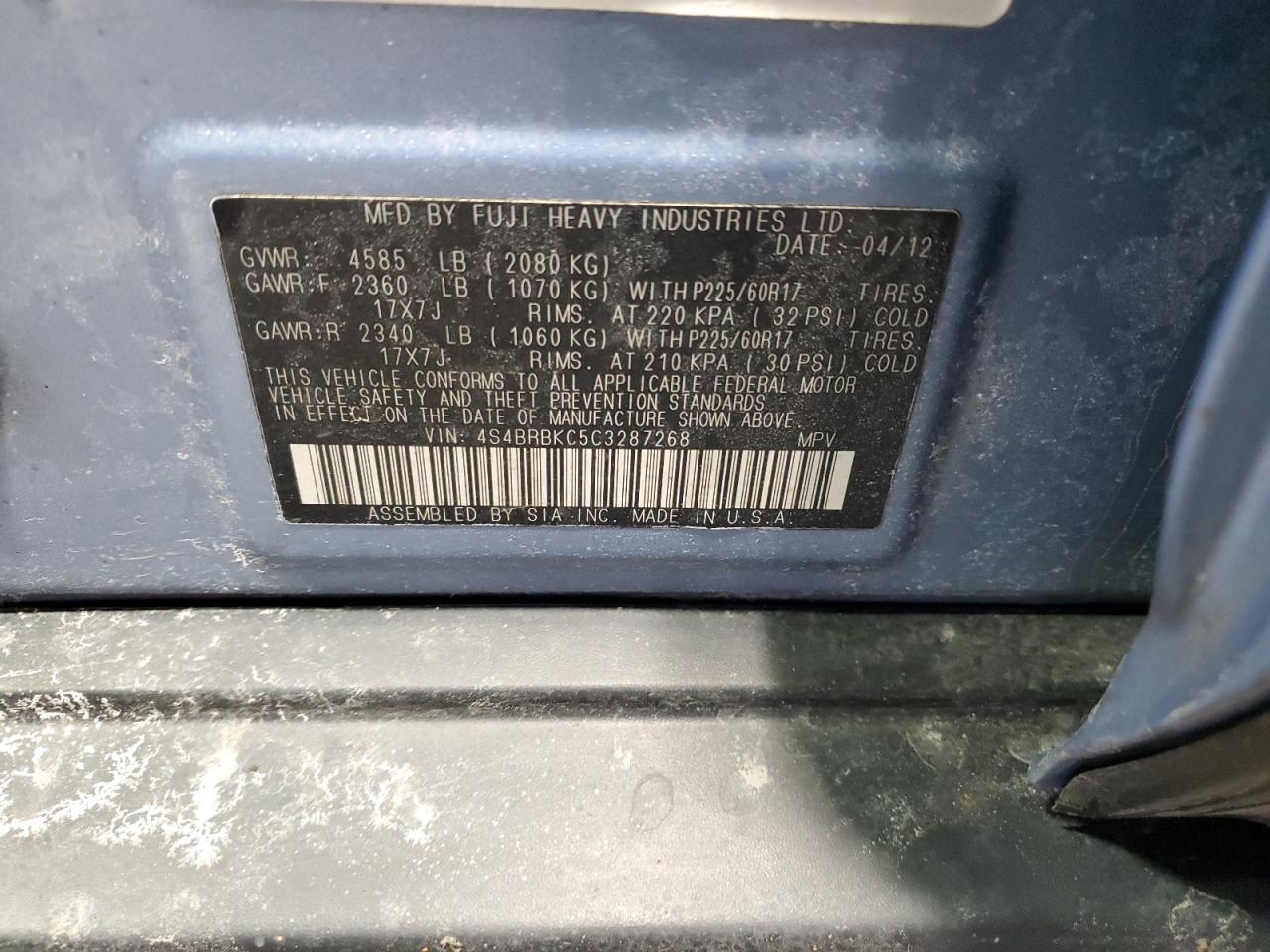 2012 Subaru Outback VIN 4S4BRBKC5C3287268 Copart auction photo, all over damage thumbnail 15