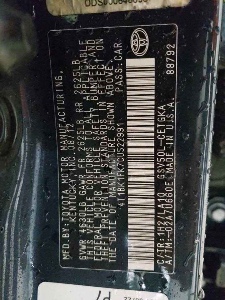 2012 Toyota Camry VIN 4T1BK1FK7CU522991 Copart auction photo, side / minor dent/scratches damage thumbnail 13