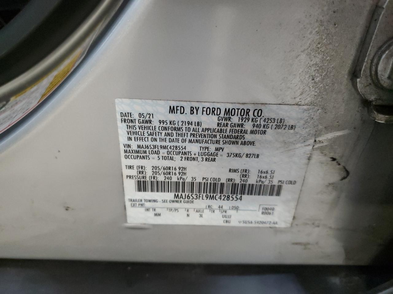 2021 Ford EcoSport VIN MAJ6S3FL9MC428554 Copart auction photo, front end damage thumbnail 15