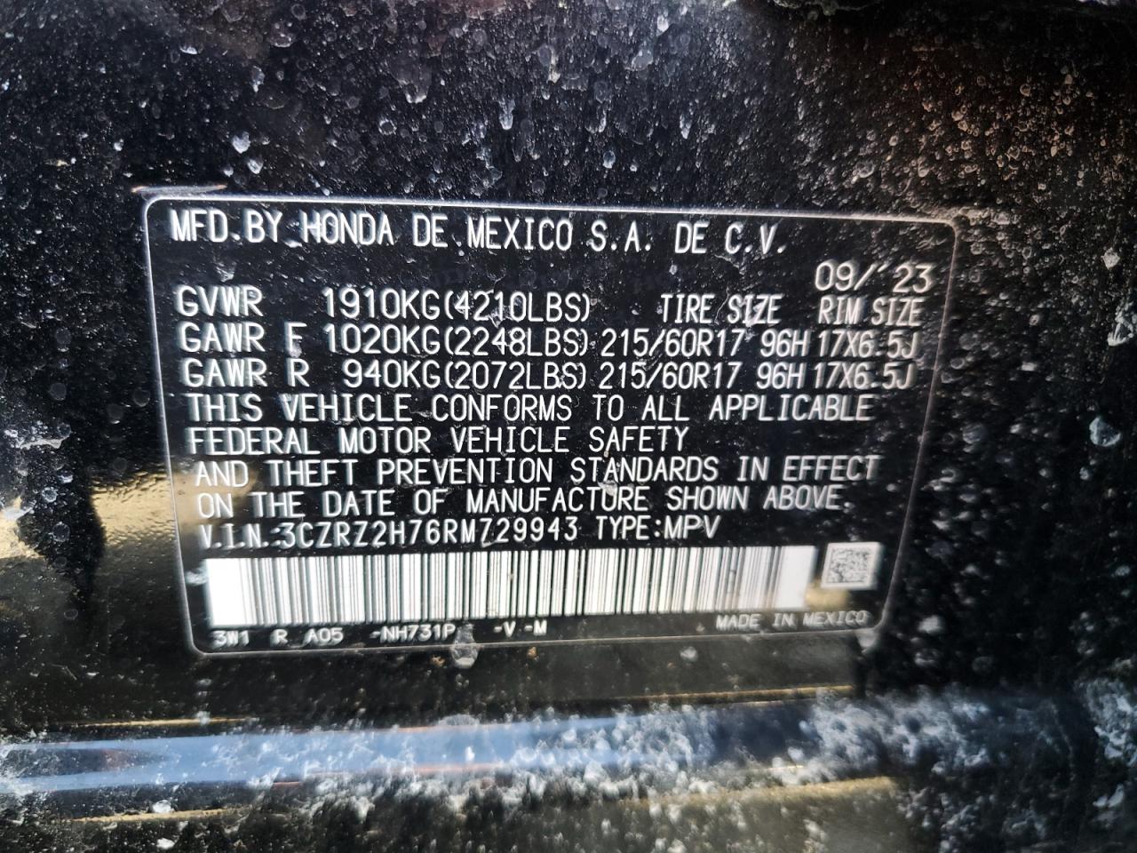 2024 Honda HR-V VIN 3CZRZ2H76RM729943 Copart auction photo, front end / undercarriage damage thumbnail 13