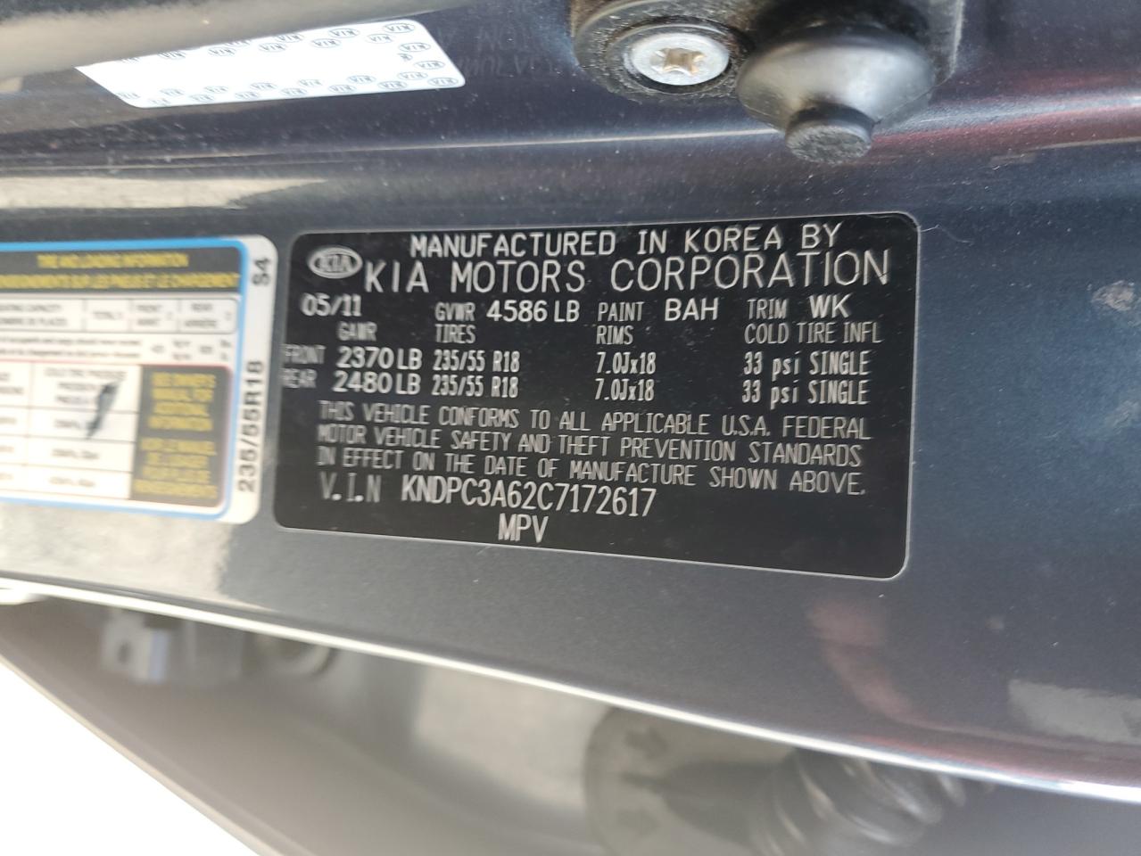 2012 KIA Sportage VIN KNDPC3A62C7172617 Copart auction photo, top/roof damage thumbnail 12