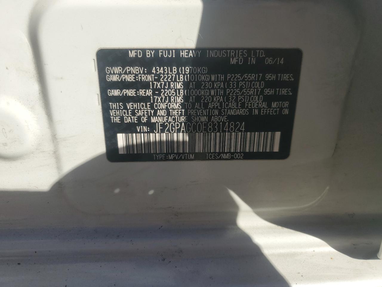 2014 Subaru XV VIN JF2GPAGC0E8314824 Copart auction photo, front end / minor dent/scratches damage thumbnail 15