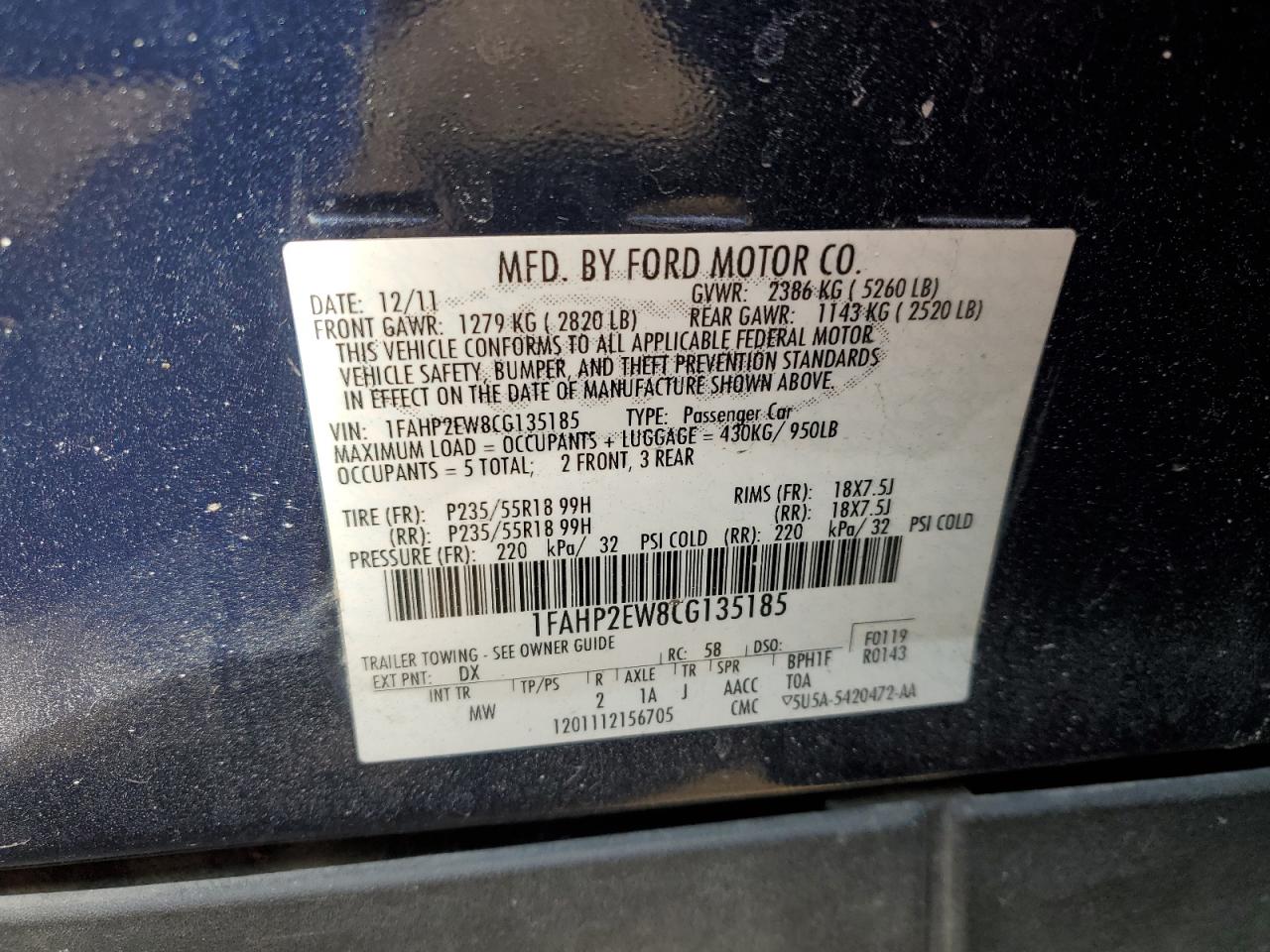 2012 Ford Taurus VIN 1FAHP2EW8CG135185 Copart auction photo, front end damage thumbnail 12