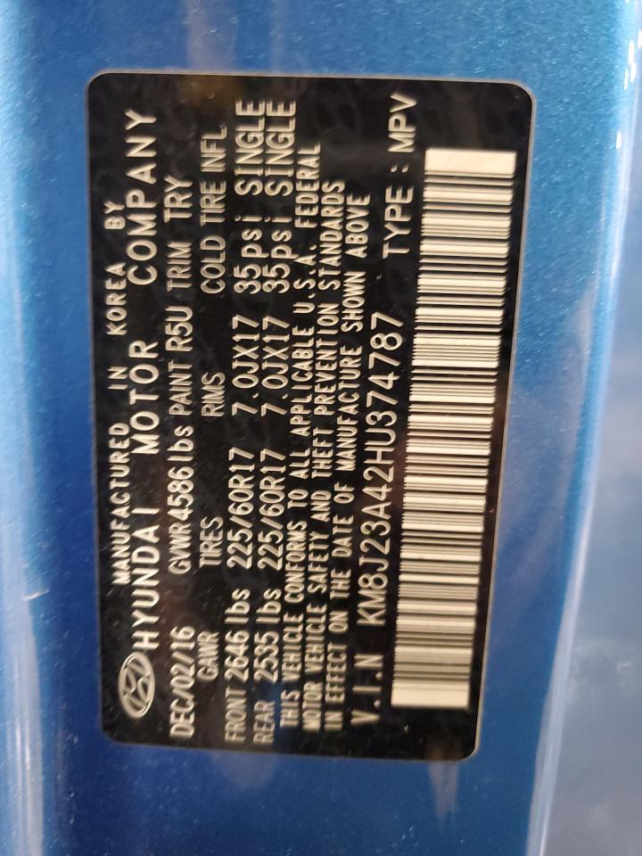 2017 Hyundai Tucson VIN KM8J23A42HU374787 Copart auction photo, front end damage thumbnail 14