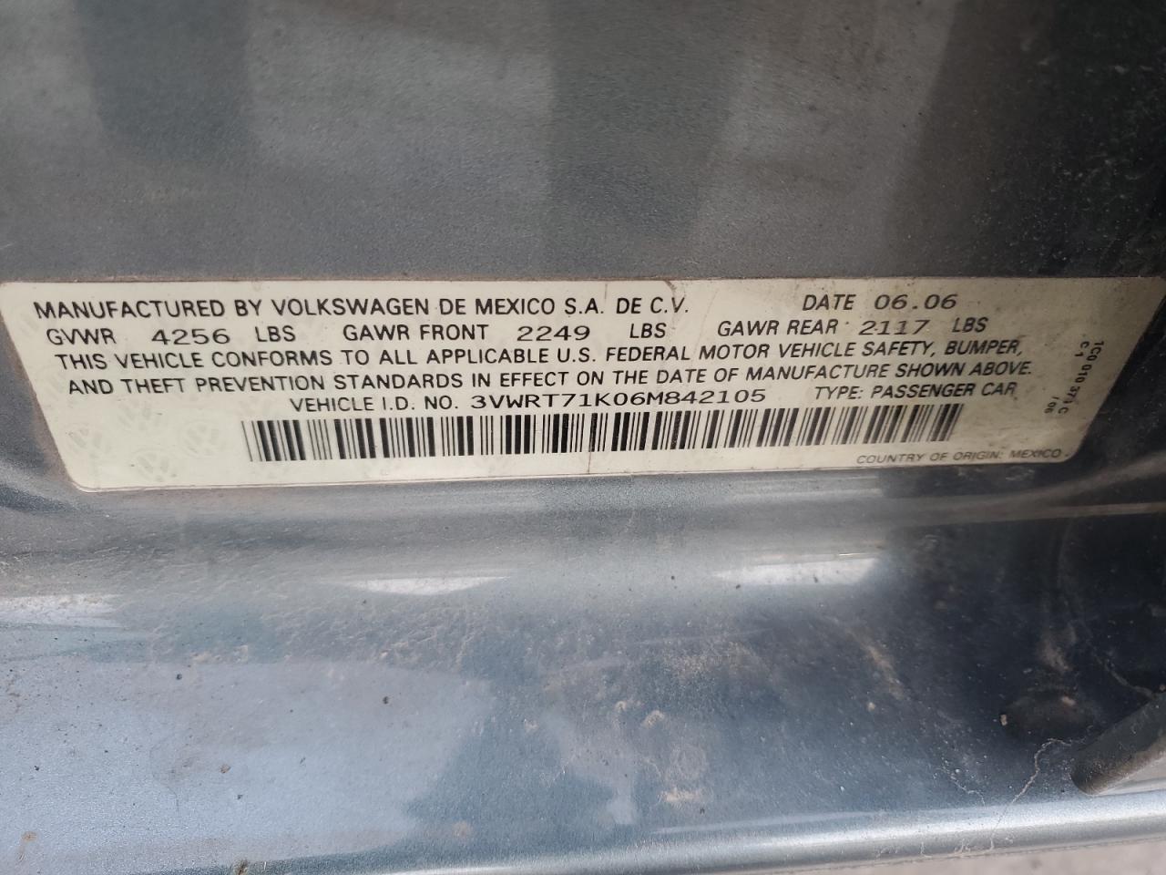 2006 Volkswagen Jetta VIN 3VWRT71K06M842105 Copart auction photo, front end damage thumbnail 14