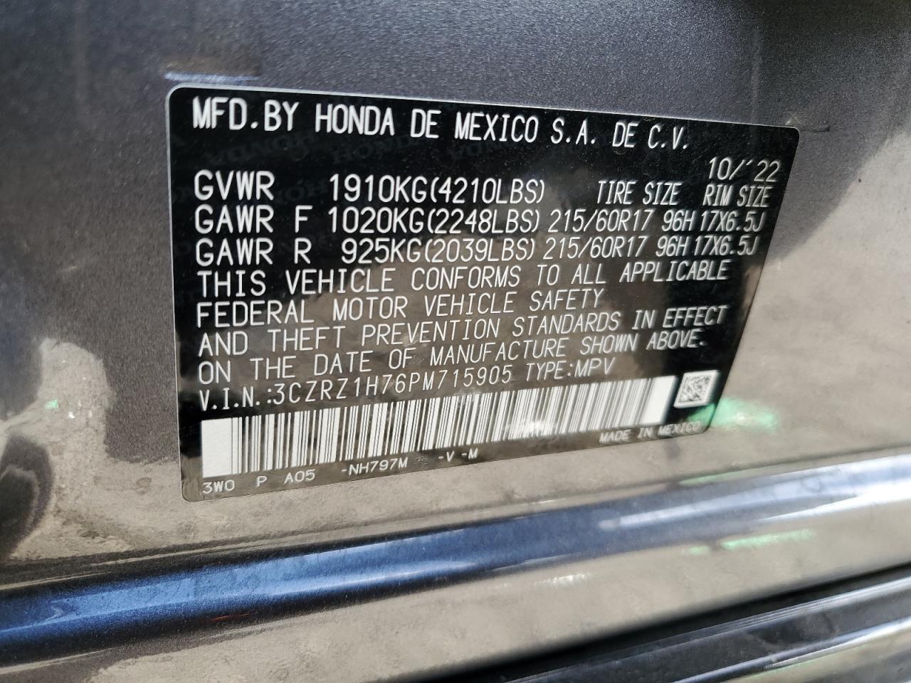 2023 Honda HR-V VIN 3CZRZ1H76PM715905 Copart auction photo, front end damage thumbnail 14