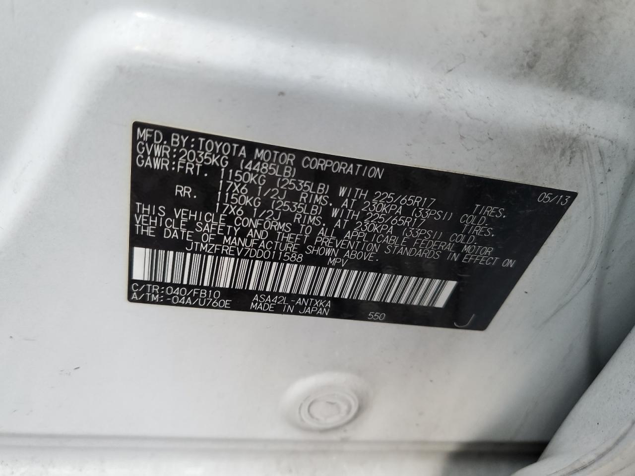 2013 Toyota RAV 4 VIN JTMZFREV7DD011588 Copart auction photo, front end damage thumbnail 14