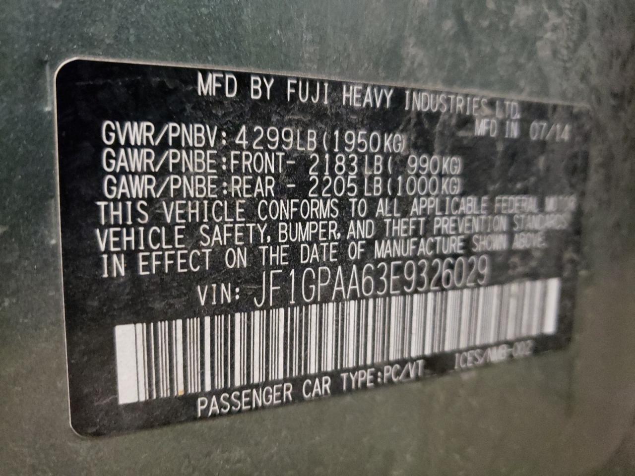 2014 Subaru Impreza VIN JF1GPAA63E9326029 Copart auction photo, front end / minor dent/scratches damage thumbnail 13