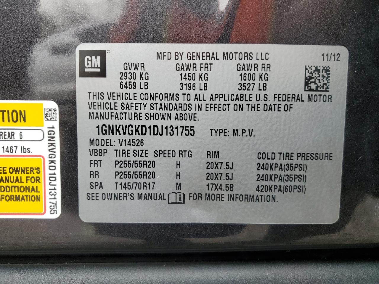 2013 Chevrolet Traverse VIN 1GNKVGKD1DJ131755 Copart auction photo, minor dent/scratches damage thumbnail 13