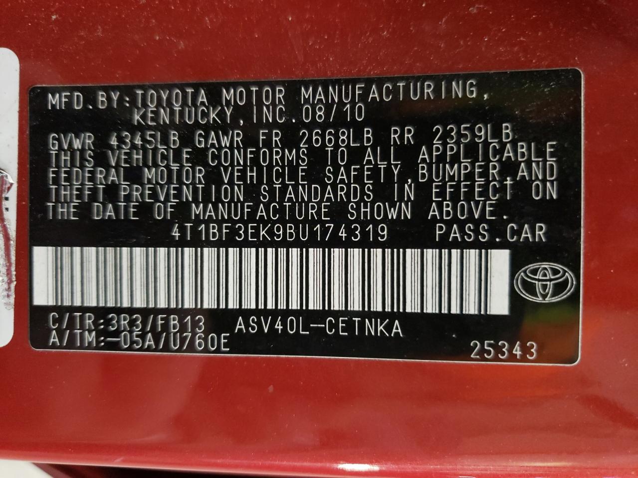 2011 Toyota Camry VIN 4T1BF3EK9BU174319 Copart auction photo, mechanical / rear end damage thumbnail 12