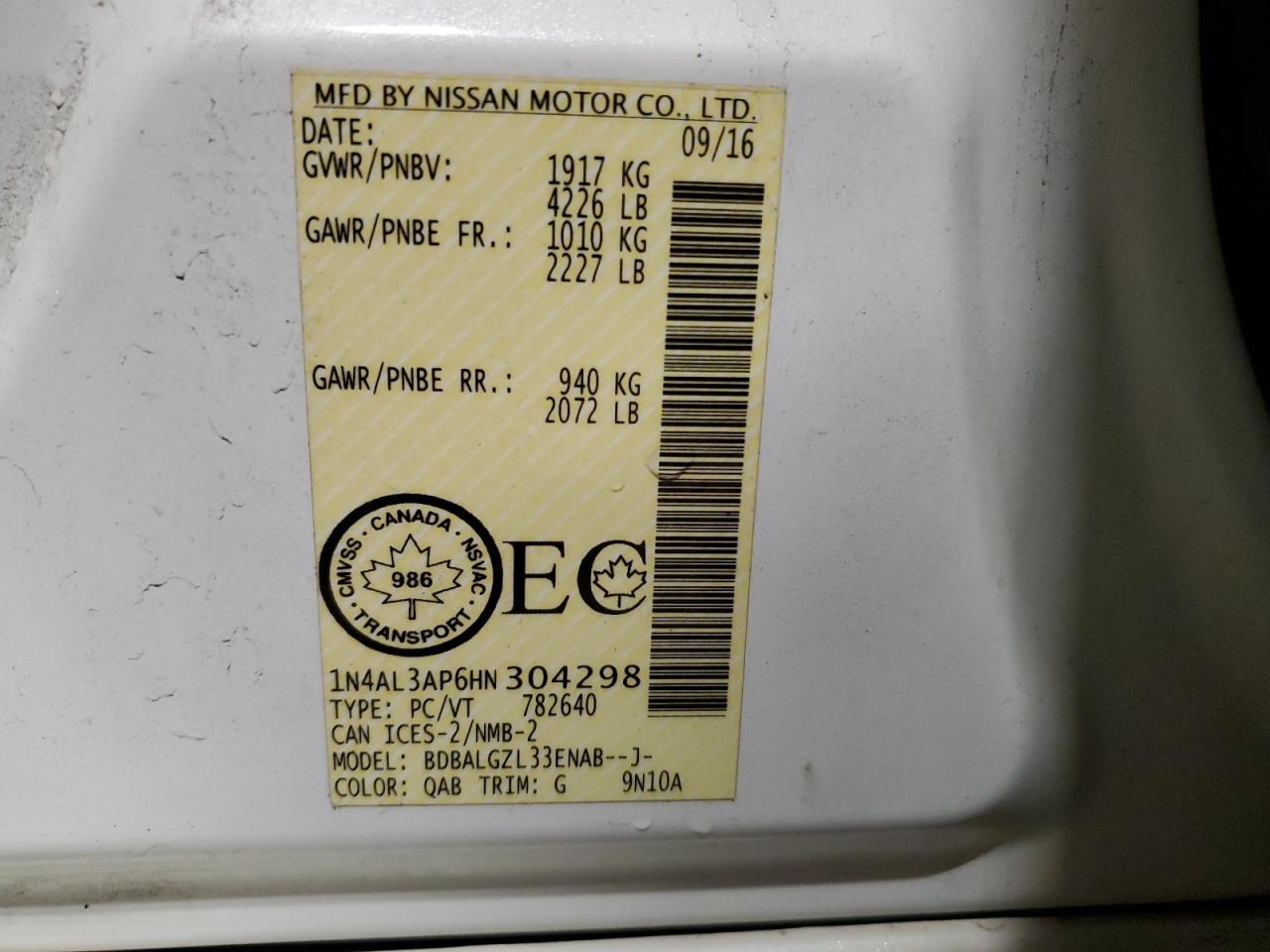 2017 Nissan Altima VIN 1N4AL3AP6HN304298 Copart auction photo, side / front end damage thumbnail 12