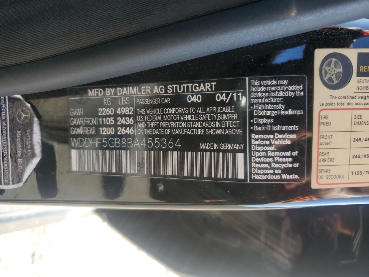 2011 Mercedes-Benz E-klasse VIN WDDHF5GB8BA455364 Copart auction photo, all over / front end damage thumbnail 15