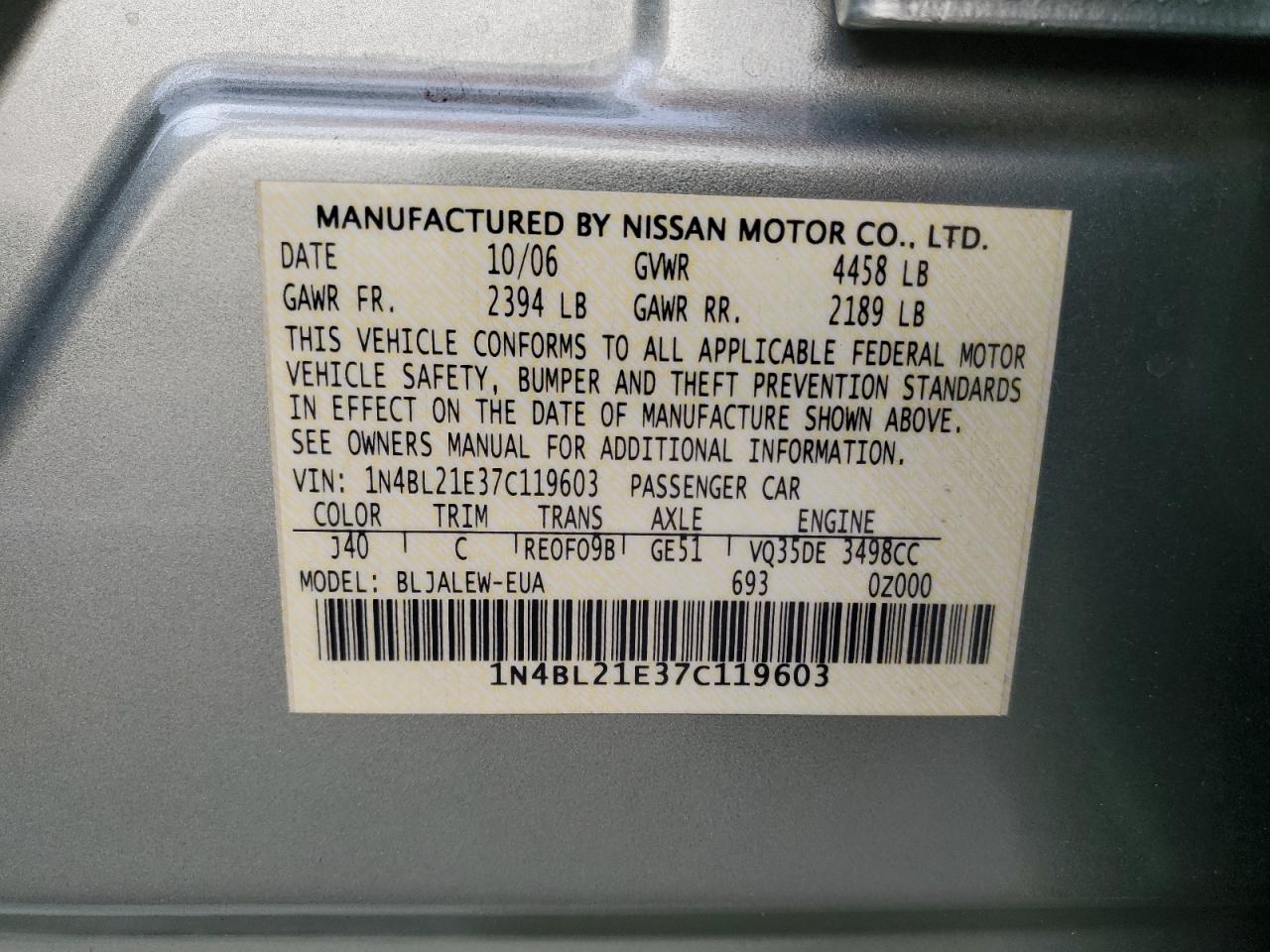 2007 Nissan Altima VIN 1N4BL21E37C119603 Copart auction photo, all over damage thumbnail 13