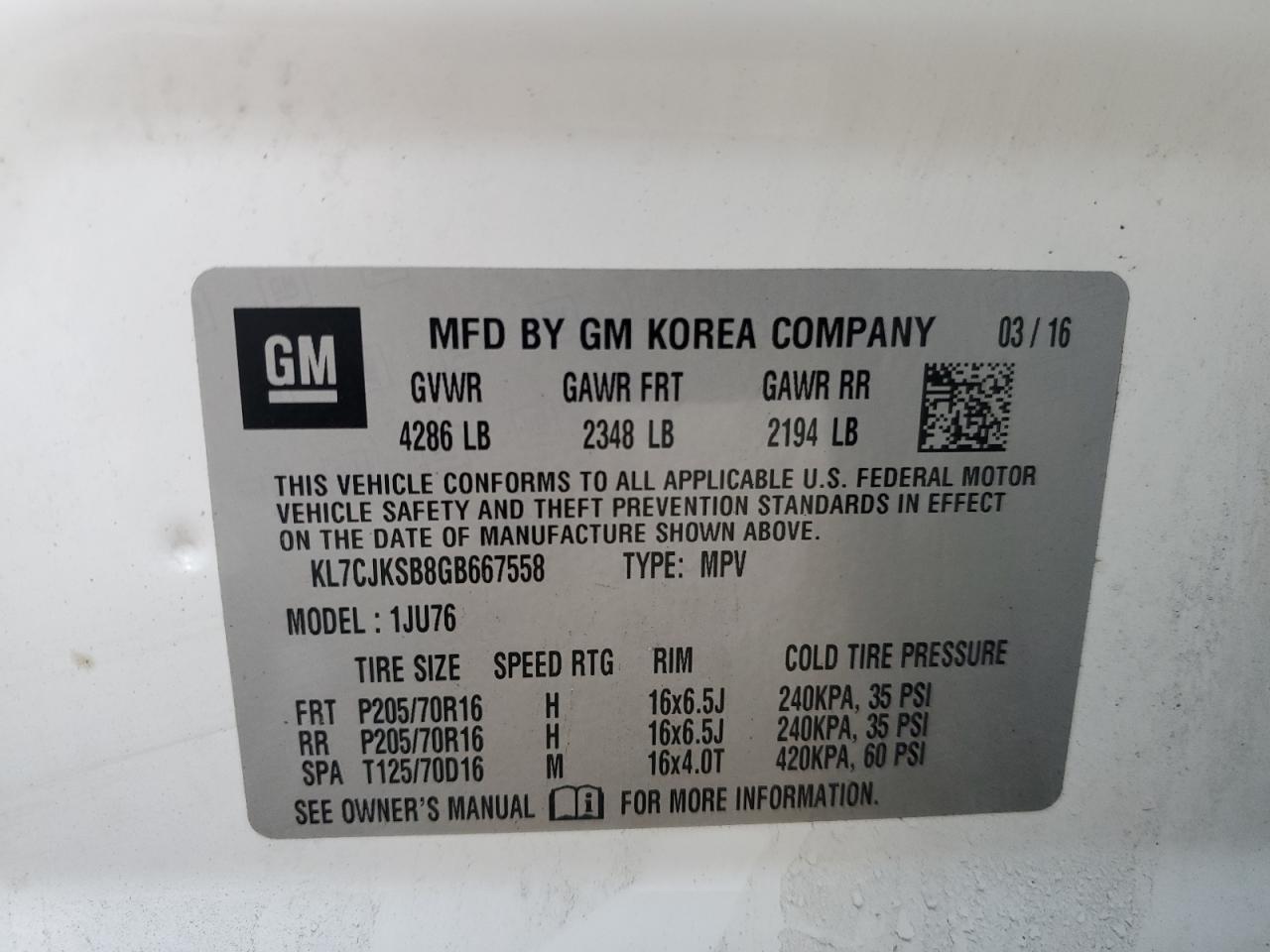 2016 Chevrolet Trax VIN KL7CJKSB8GB667558 Copart auction photo, side / rear end damage thumbnail 14