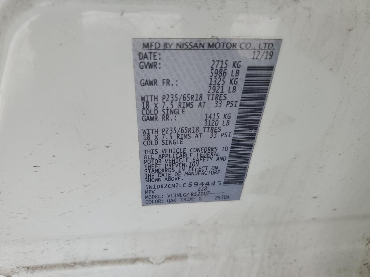 2020 Nissan Pathfinder VIN 5N1DR2CM2LC594445 Copart auction photo, front end / undercarriage damage thumbnail 16