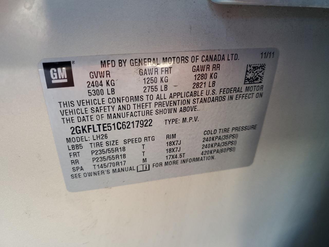 2012 GMC Terrain VIN 2GKFLTE51C6217922 Copart auction photo, front end / hail damage thumbnail 13