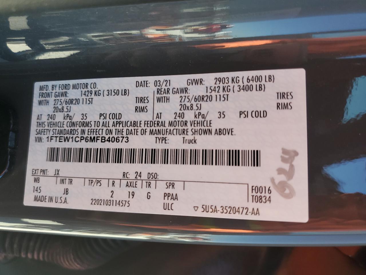 2021 Ford F-150 VIN 1FTEW1CP6MFB40673 Copart auction photo, front end / side damage thumbnail 15