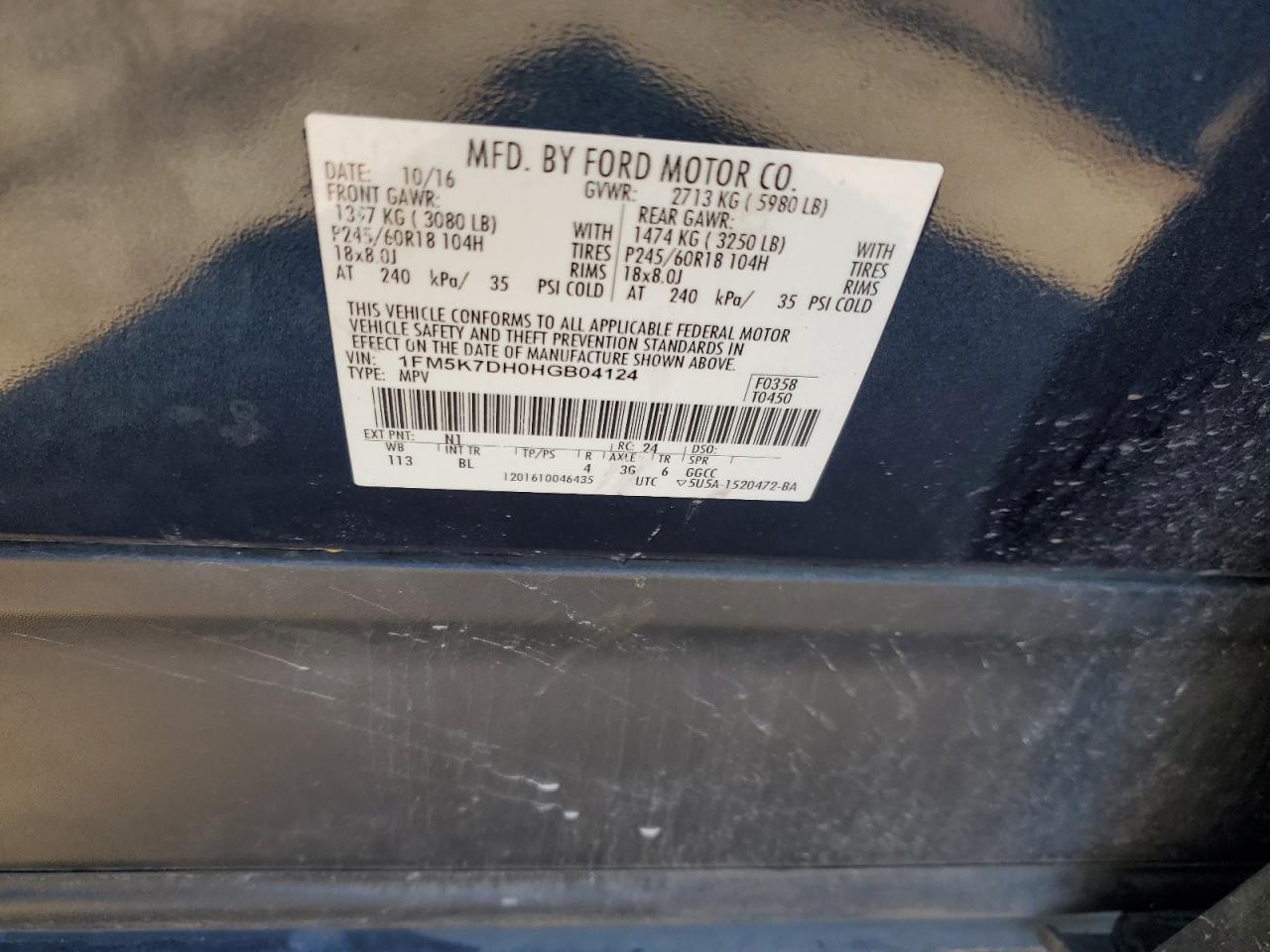 2017 Ford Explorer VIN 1FM5K7DH0HGB04124 Copart auction photo, rear end damage thumbnail 13