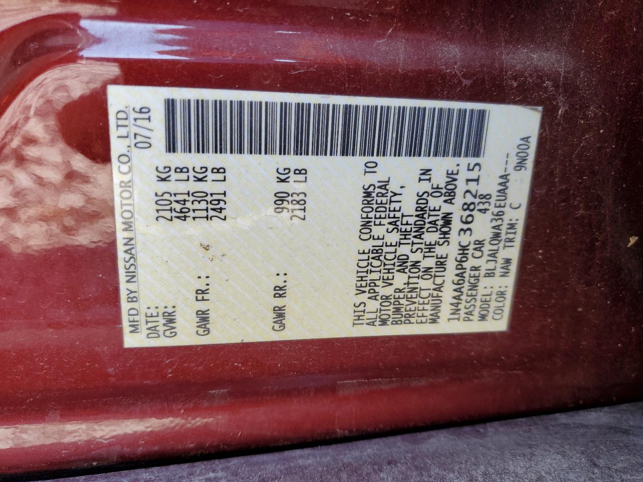 2017 Nissan Maxima VIN 1N4AA6AP6HC368215 Copart auction photo, rollover damage thumbnail 13