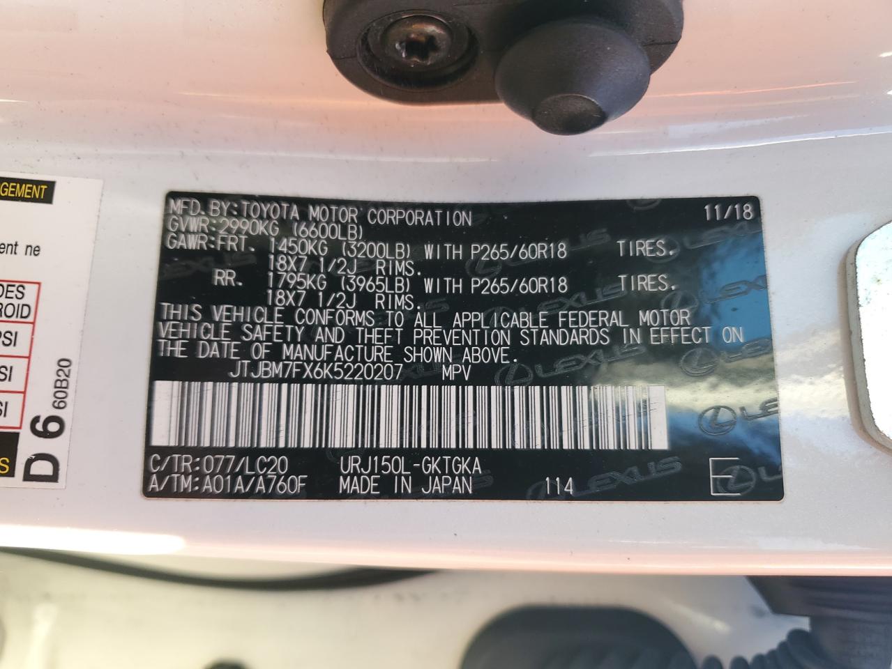 2019 Lexus GX VIN JTJBM7FX6K5220207 Copart auction photo, side / front end damage thumbnail 13