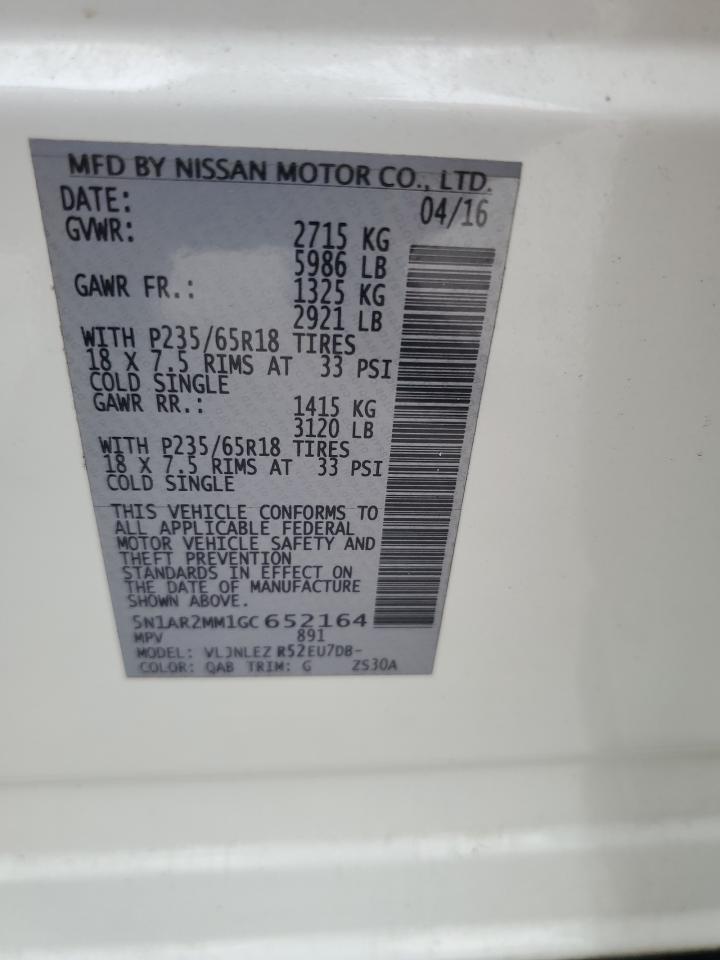 2016 Nissan Pathfinder VIN 5N1AR2MM1GC652164 Copart auction photo, front end / minor dent/scratches damage thumbnail 13