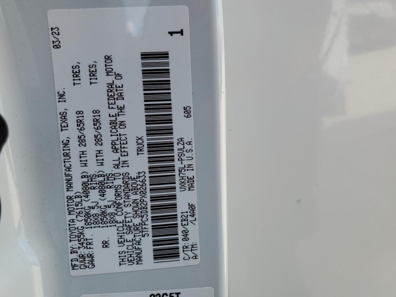 2023 Toyota Tundra VIN 5TFPC5DB2PX026633 Copart auction photo, front end / side damage thumbnail 15