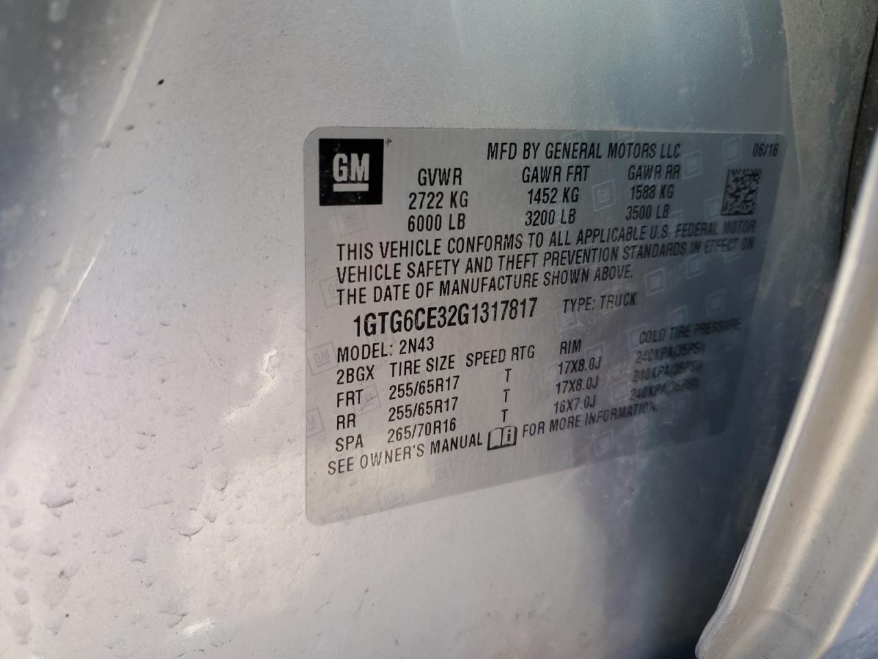 2016 GMC Canyon VIN 1GTG6CE32G1317817 Copart auction photo, side damage thumbnail 12