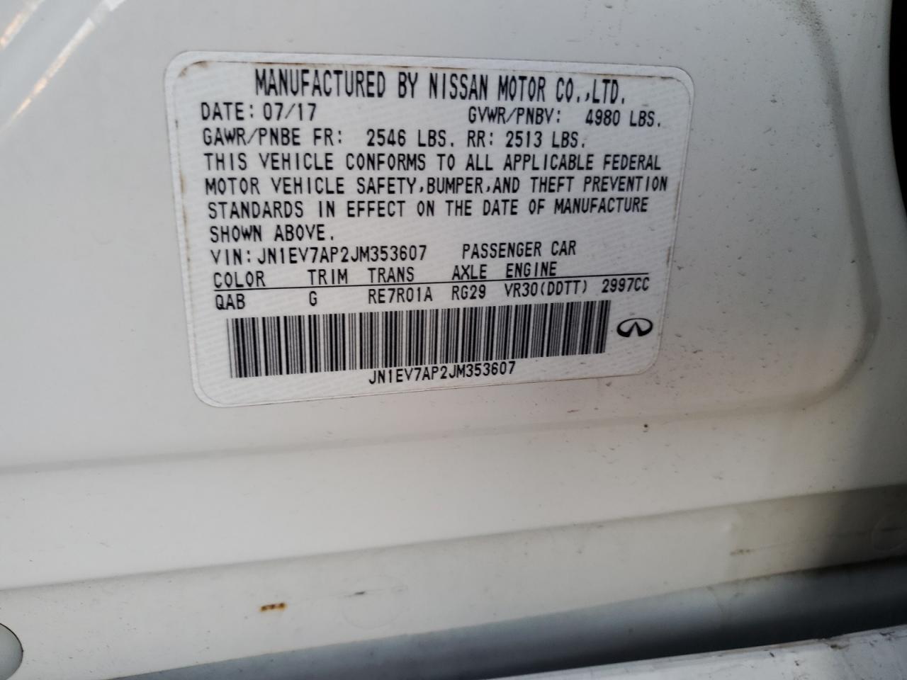 2018 Infiniti Q50 VIN JN1EV7AP2JM353607 Copart auction photo, side / rear end damage thumbnail 14