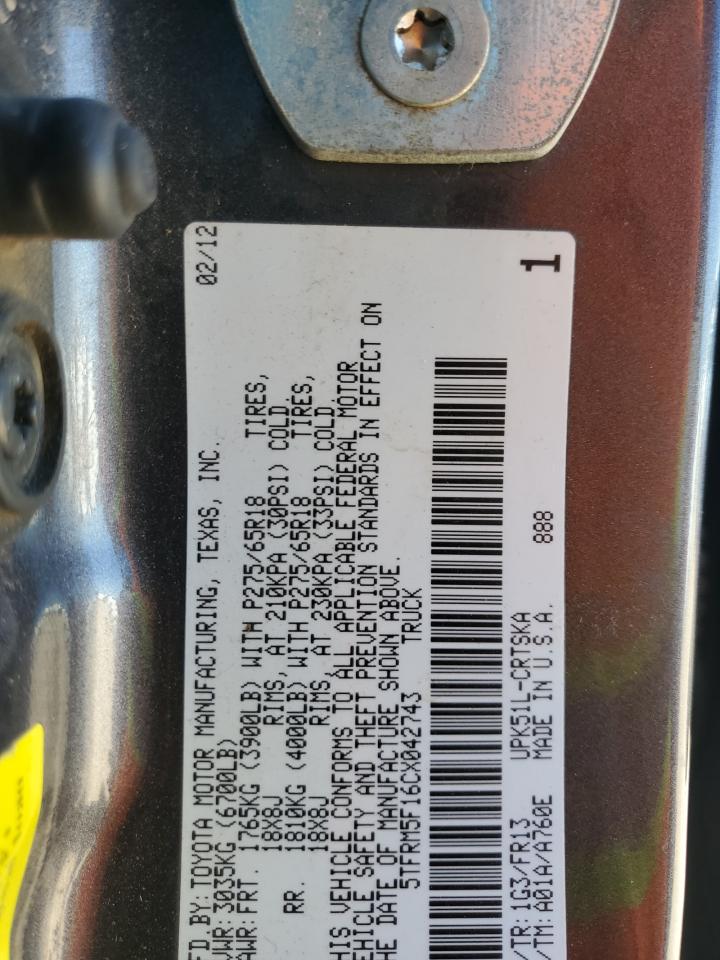 2012 Toyota Tundra VIN 5TFRM5F16CX042743 Copart auction photo, front end / side damage thumbnail 13