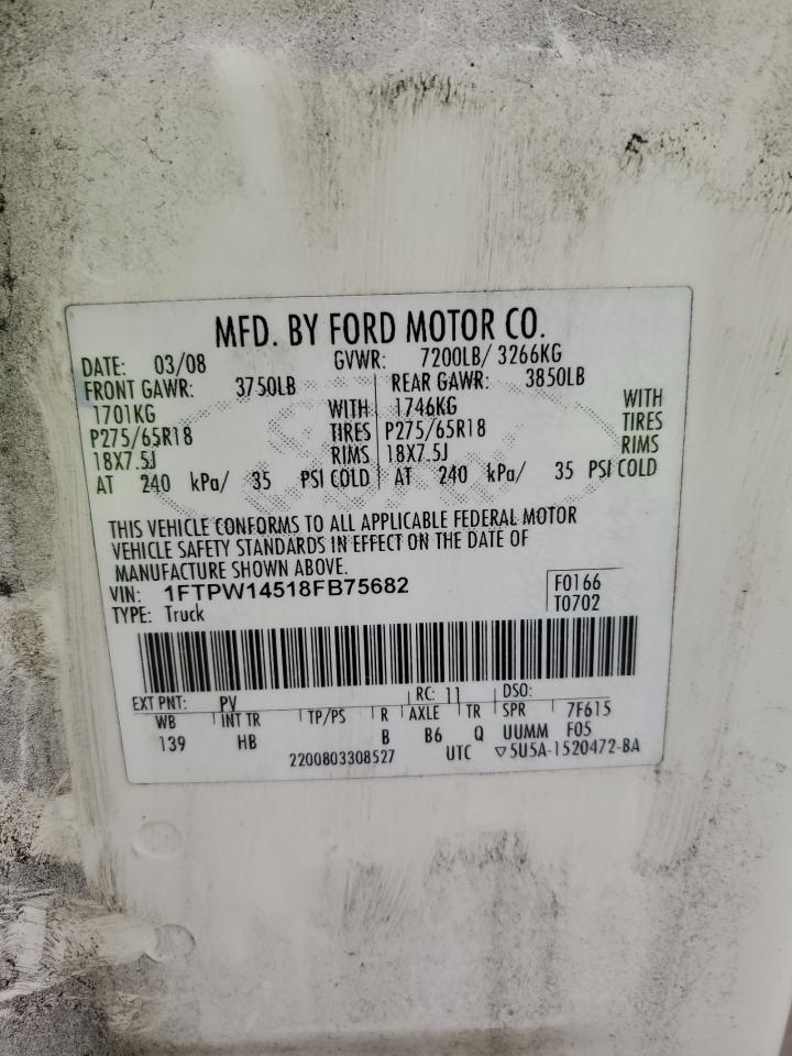 2008 Ford F-150 VIN 1FTPW14518FB75682 Copart auction photo, minor dent/scratches damage thumbnail 14