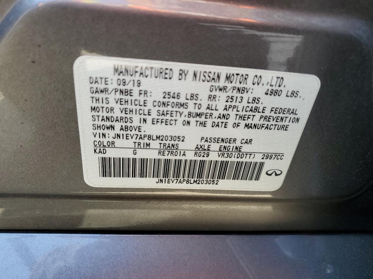 2020 Infiniti Q50 VIN JN1EV7AP8LM203052 Copart auction photo, stripped damage thumbnail 12