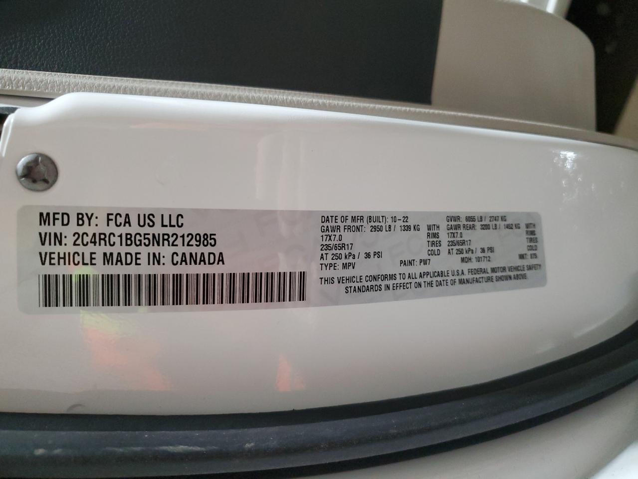 2022 Chrysler Pacifica VIN 2C4RC1BG5NR212985 Copart auction photo, front end / side damage thumbnail 13