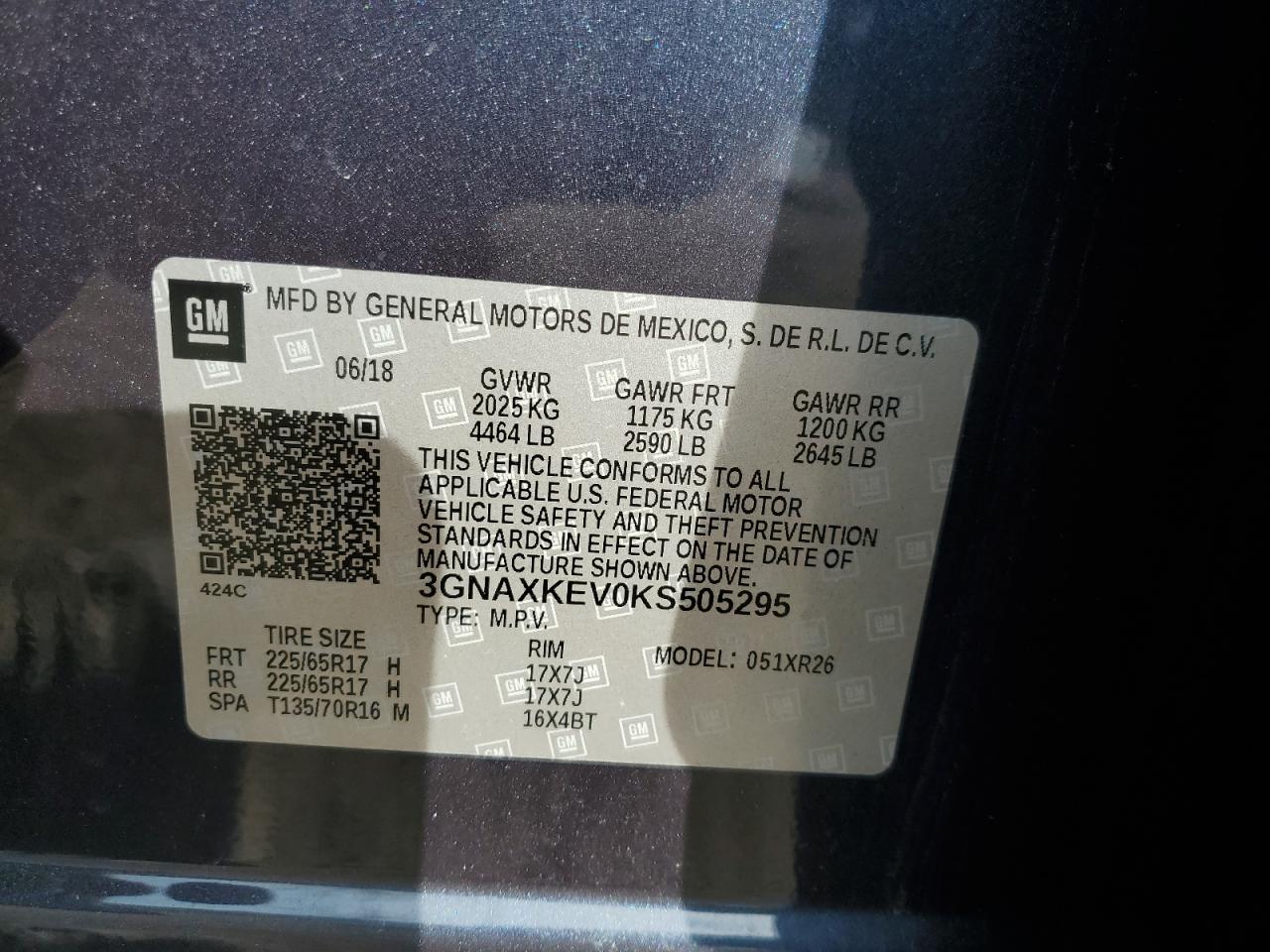 2019 Chevrolet Equinox VIN 3GNAXKEV0KS505295 Copart auction photo, all over damage thumbnail 15