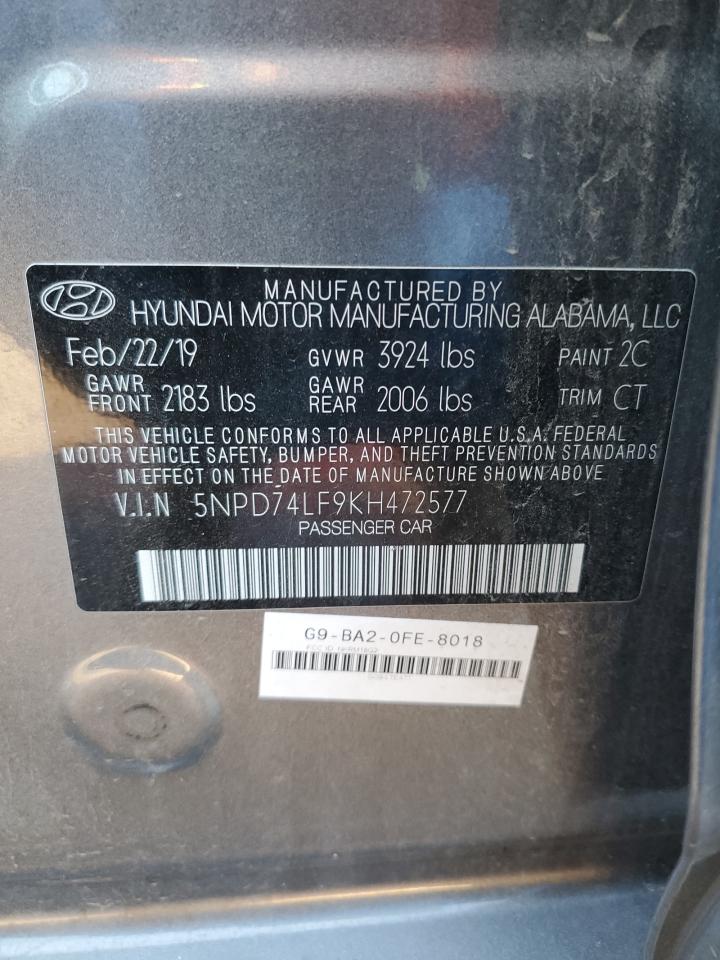 2019 Hyundai Elantra VIN 5NPD74LF9KH472577 Copart auction photo, vandalism / front end damage thumbnail 13