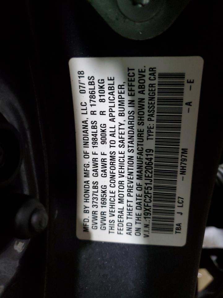 2018 Honda Civic VIN 19XFC2F51JE206419 Copart auction photo, front end damage thumbnail 13
