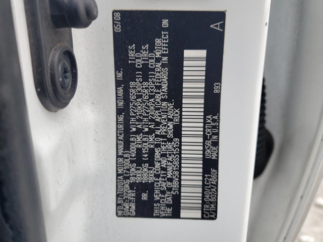 2008 Toyota Tundra VIN 5TBBV58158S515159 Copart auction photo, front end damage thumbnail 13