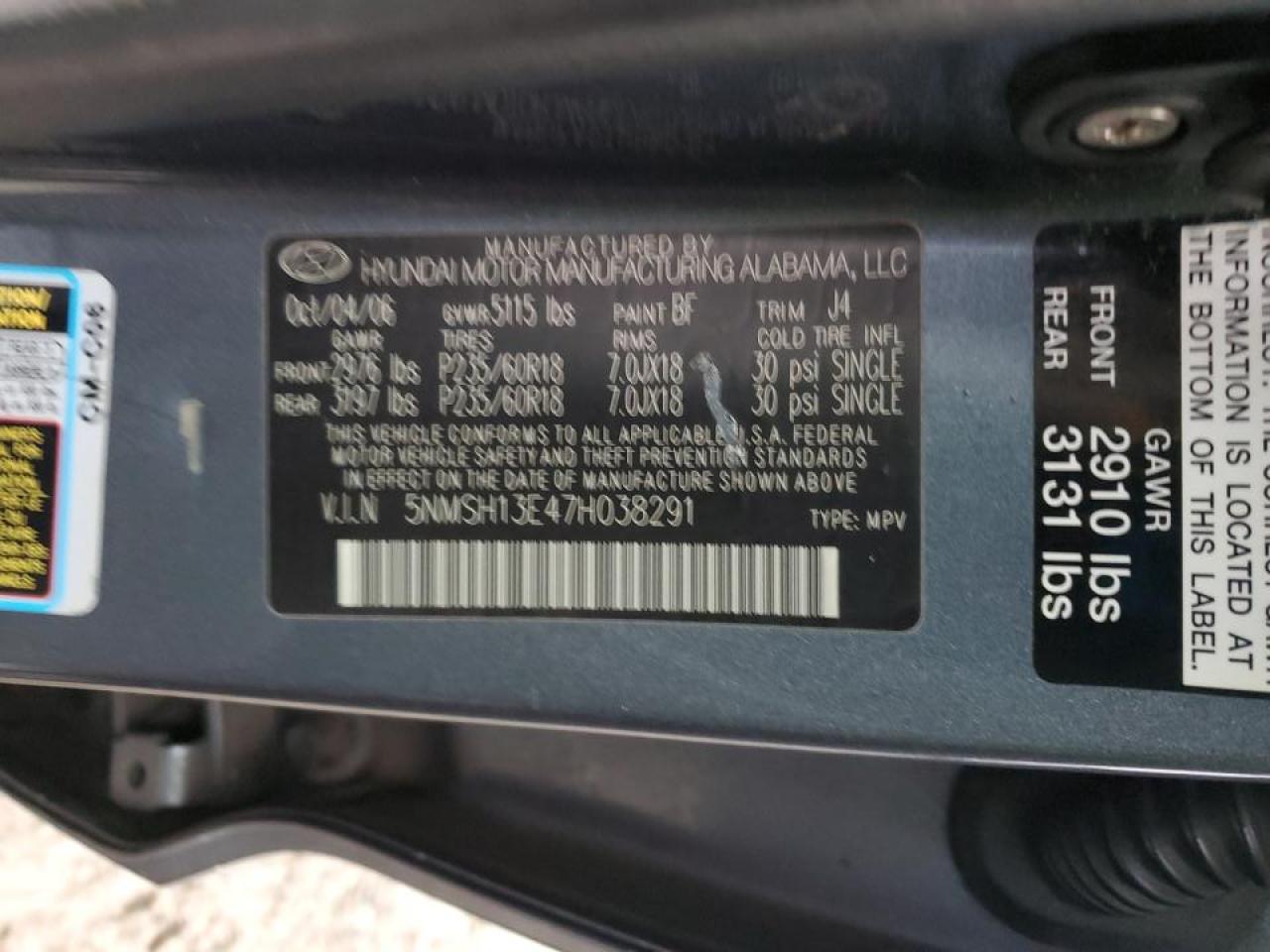2007 Hyundai Santa Fe VIN 5NMSH13E47H038291 Copart auction photo, rear end damage thumbnail 15
