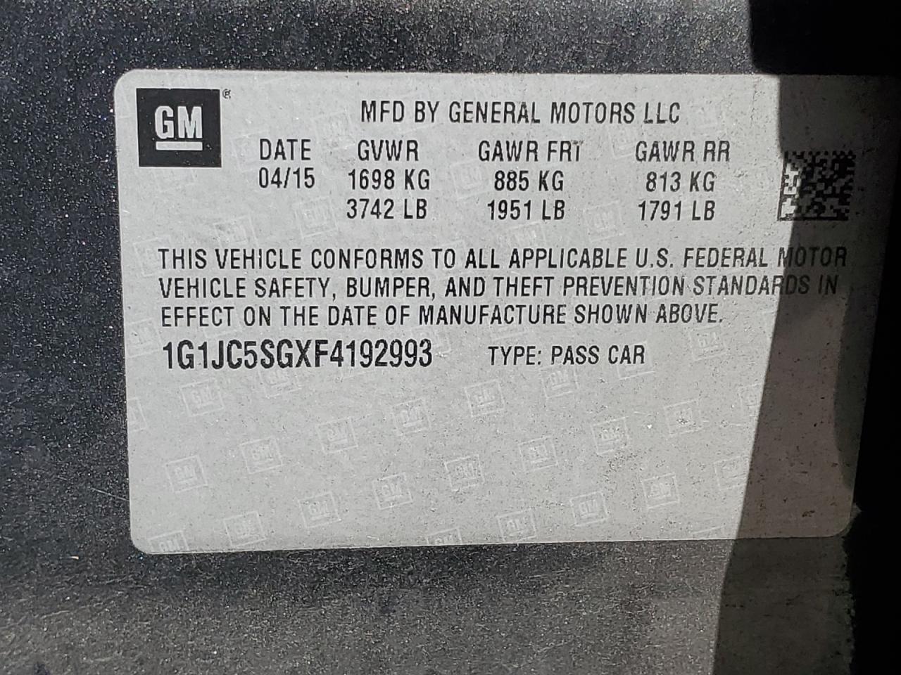 2015 Chevrolet Sonic VIN 1G1JC5SGXF4192993 Copart auction photo, front end / minor dent/scratches damage thumbnail 12
