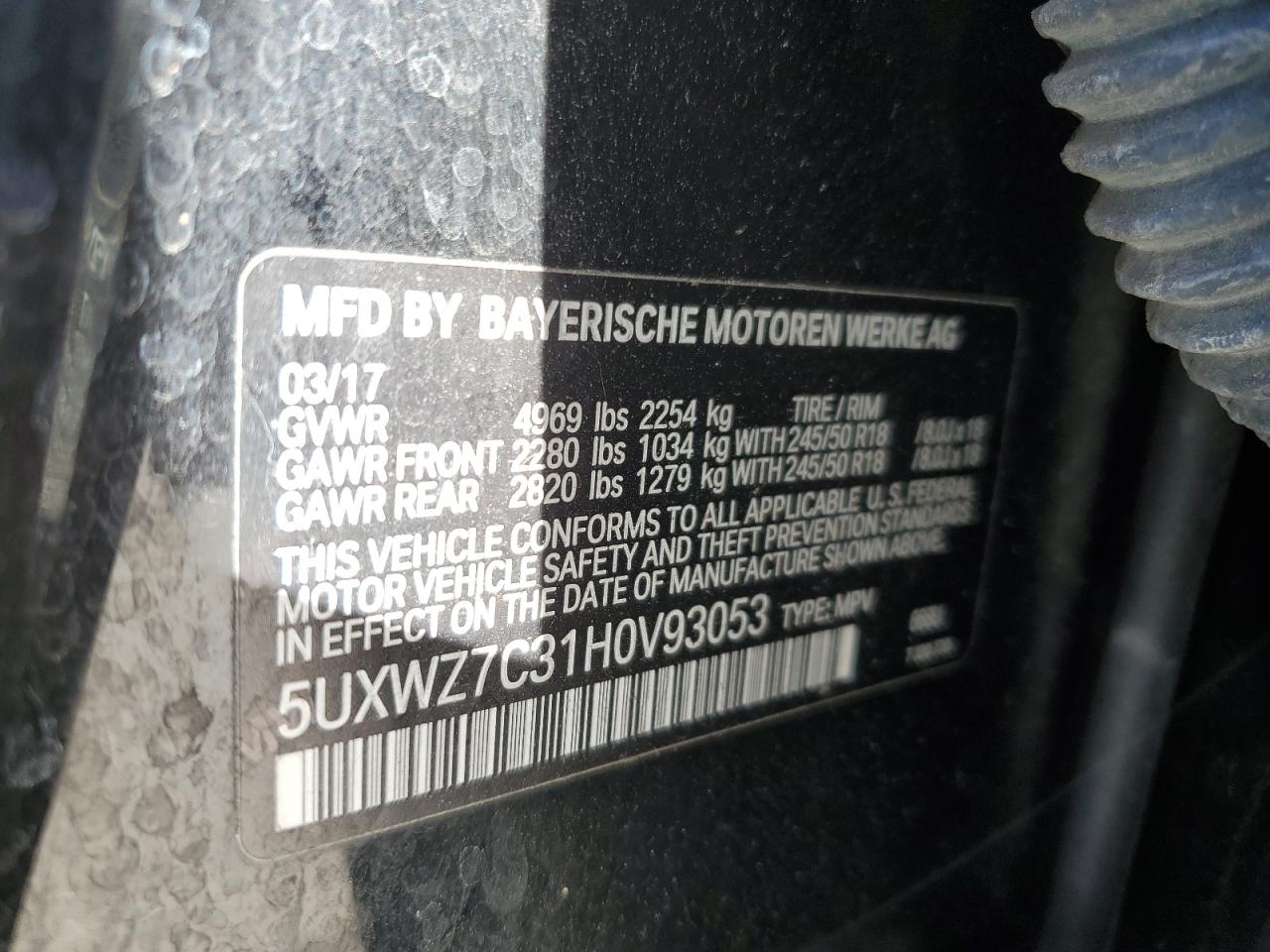 2017 BMW X3 VIN 5UXWZ7C31H0V93053 Copart auction photo, front end / side damage thumbnail 13