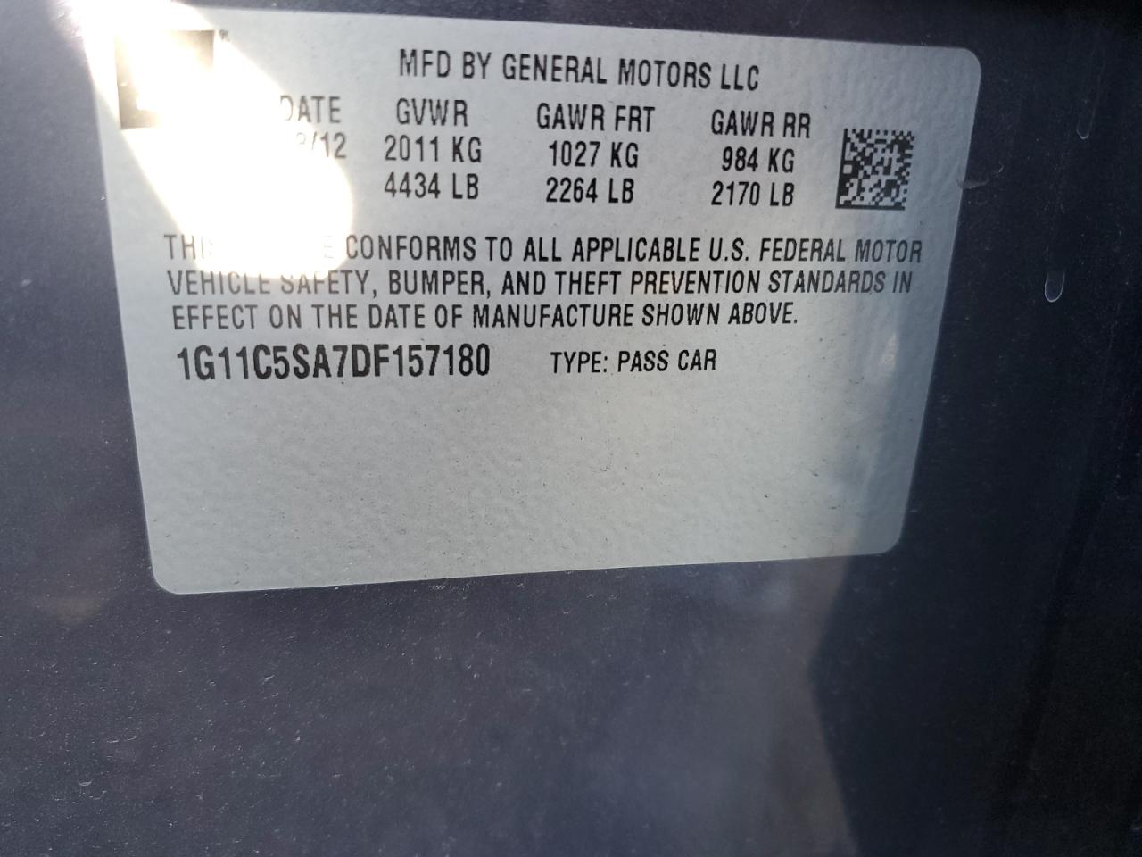 2013 Chevrolet Malibu VIN 1G11C5SA7DF157180 Copart auction photo, front end damage thumbnail 15