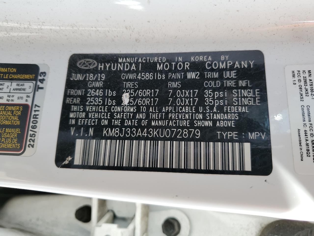 2019 Hyundai Tucson VIN KM8J33A43KU072879 Copart auction photo, front end / all over damage thumbnail 14
